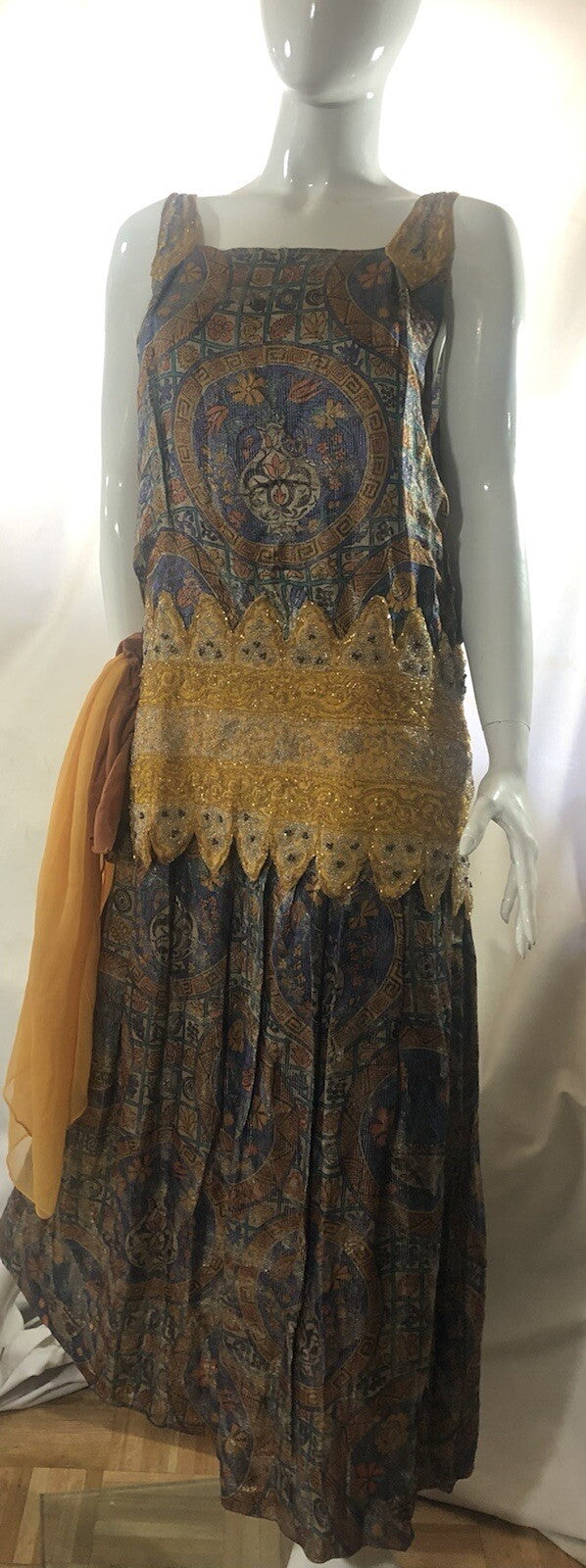 Antique 1920s gold metallic lame beaded dress L