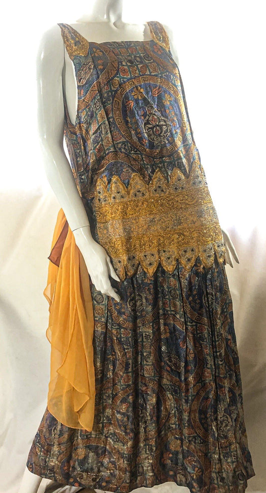 Antique 1920s gold  metallic lame beaded dress L