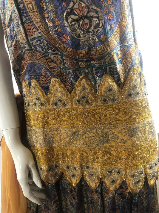 Antique 1920s gold  metallic lame beaded dress L