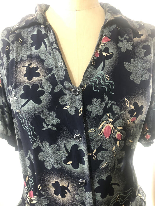 Vintage 1940s printed rayon long dress, Novelty print , M-L