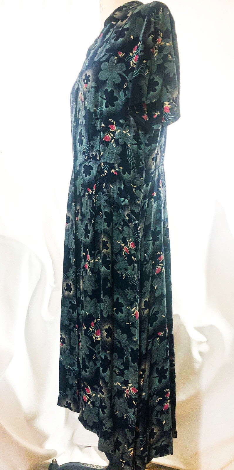 Vintage 1940s printed rayon long dress, Novelty print , M-L