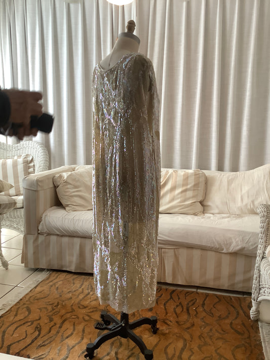Authentic 1920s Paris Label Sequined Art Deco Evening Dress L