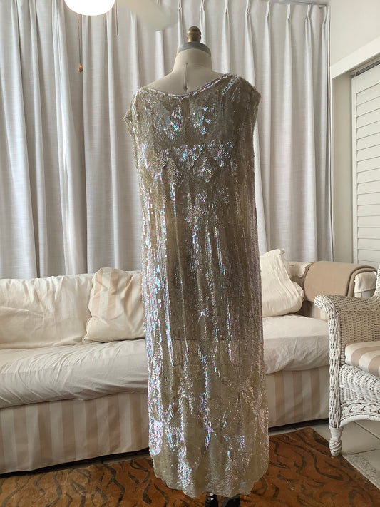 Authentic 1920s Paris Label Sequined Art Deco Evening Dress L