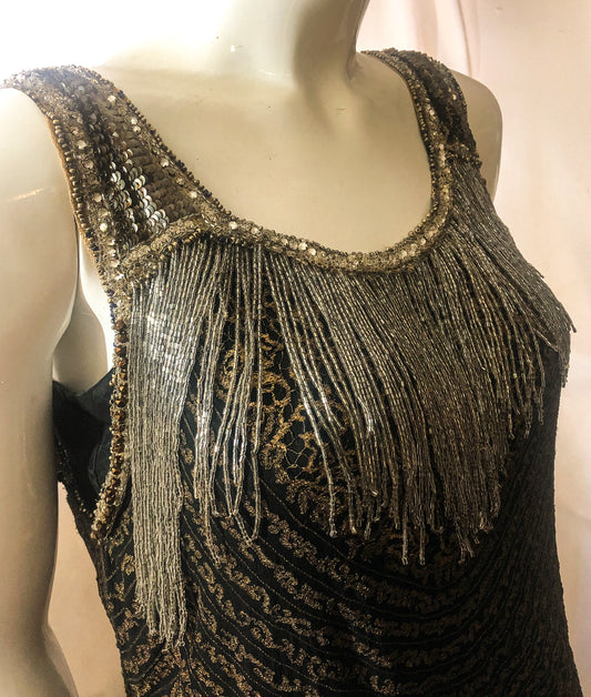 Antique 1920s gold metallic lace, sequins, beaded dress