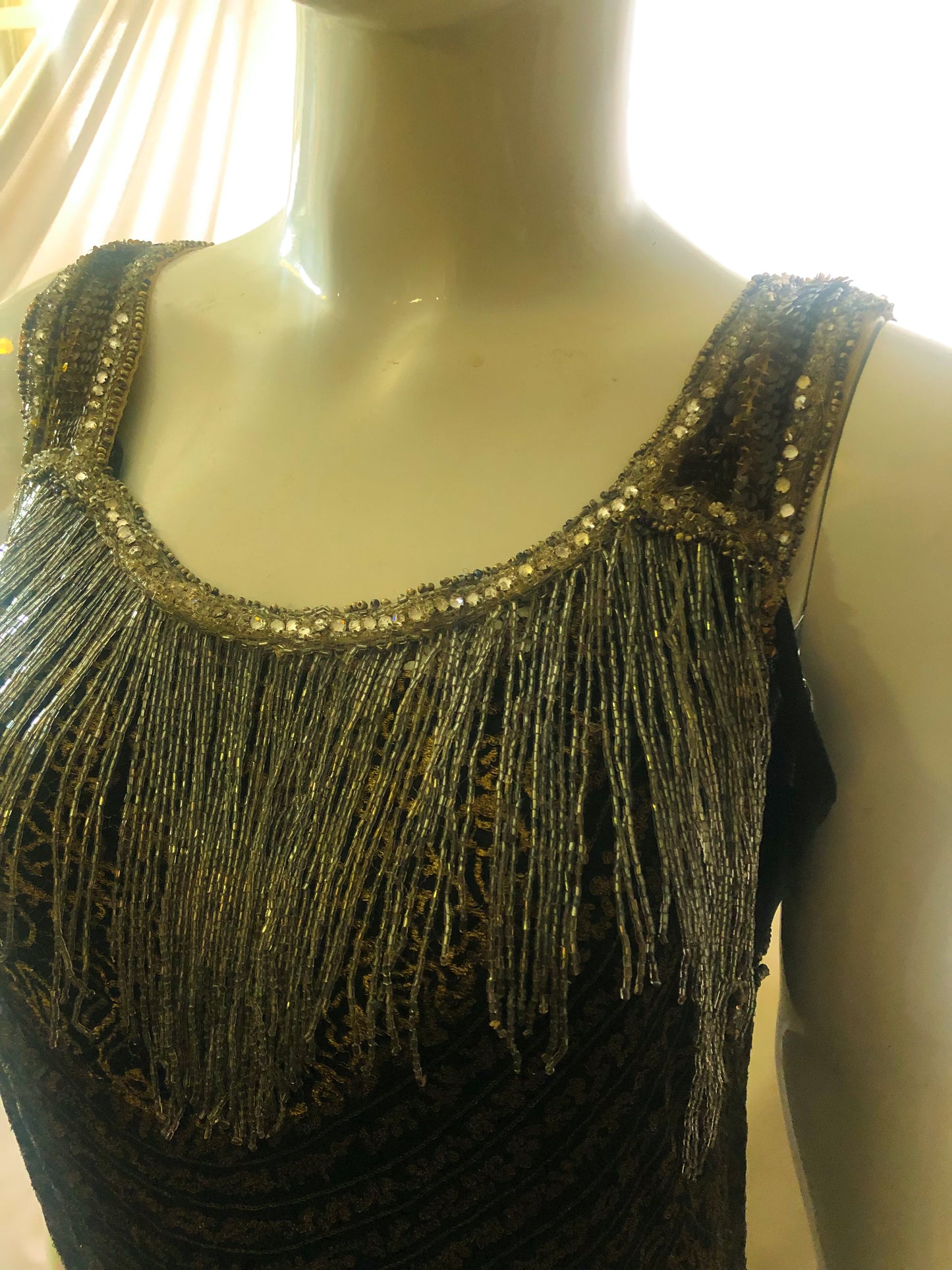 Antique 1920s gold metallic lace, sequins, beaded dress