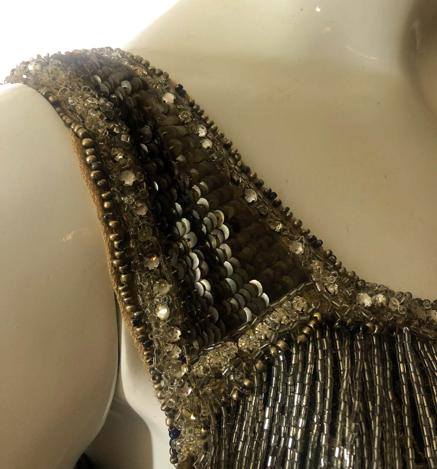 Antique 1920s gold metallic lace, sequins, beaded dress