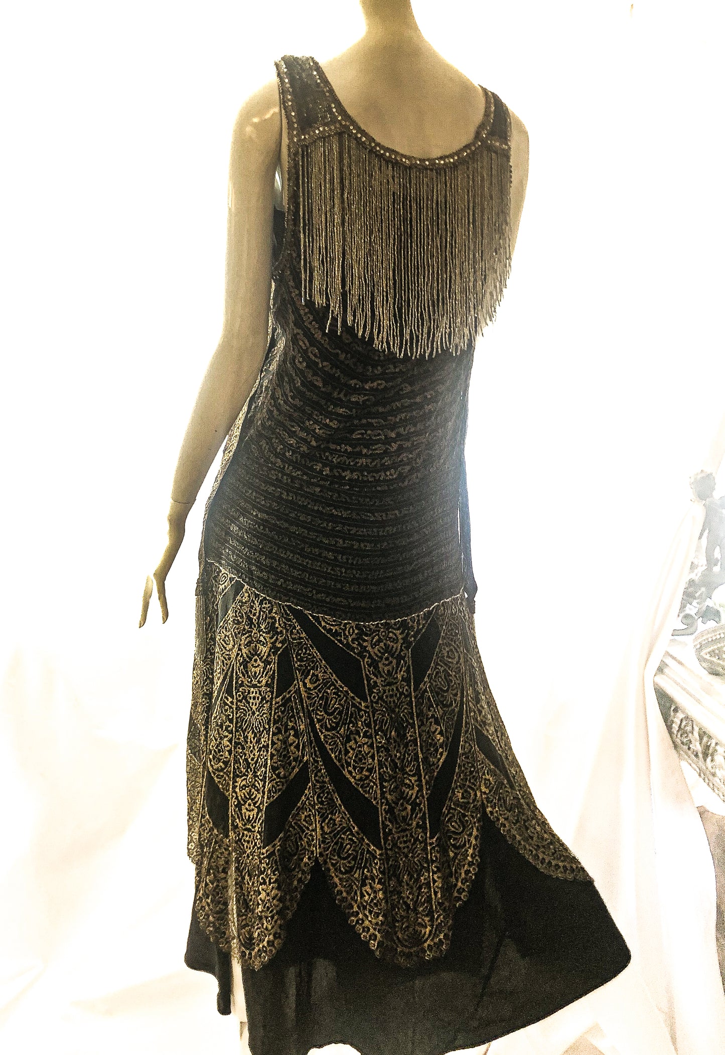 Antique 1920s gold metallic lace, sequins, beaded dress