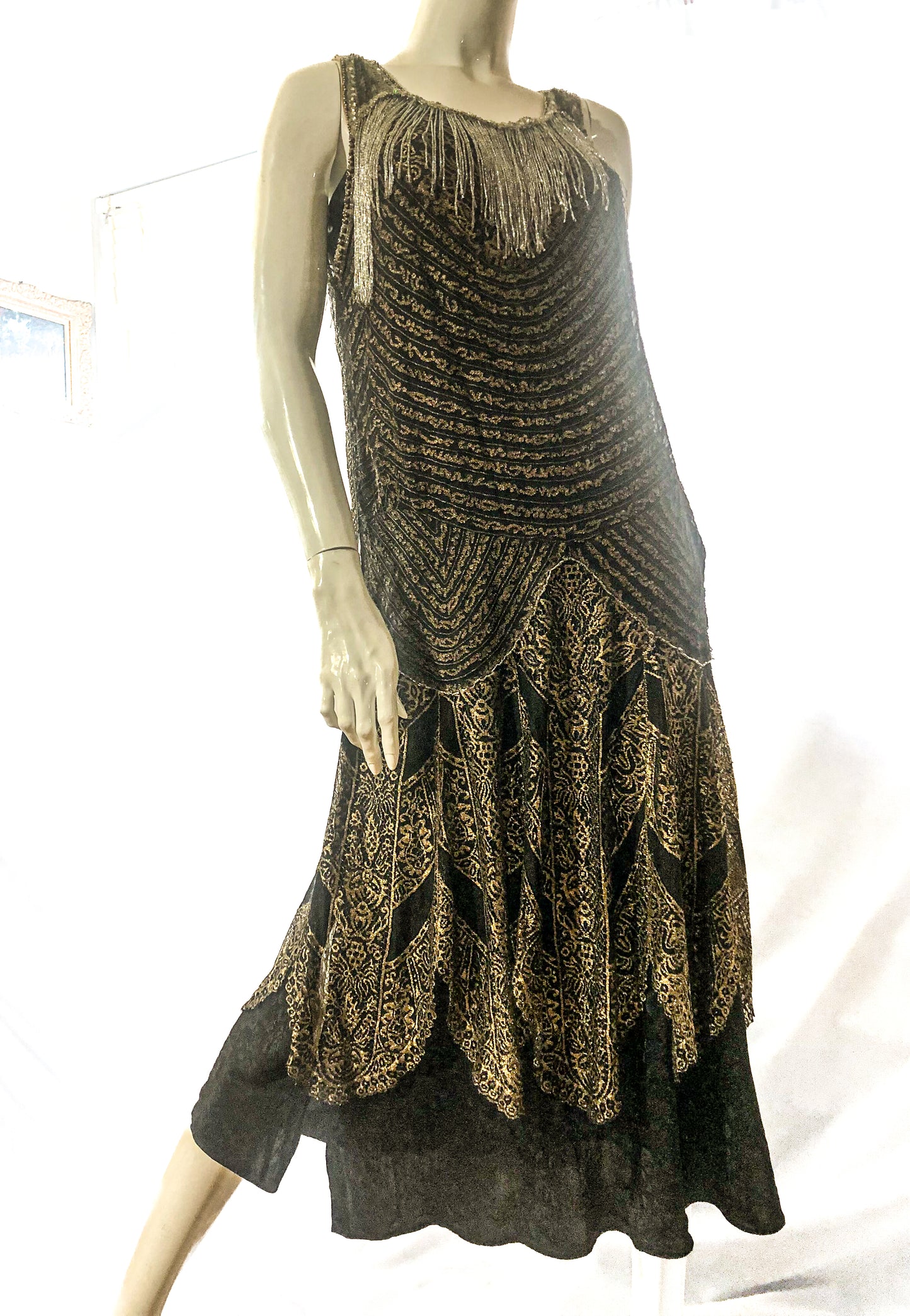 Antique 1920s gold metallic lace, sequins, beaded dress