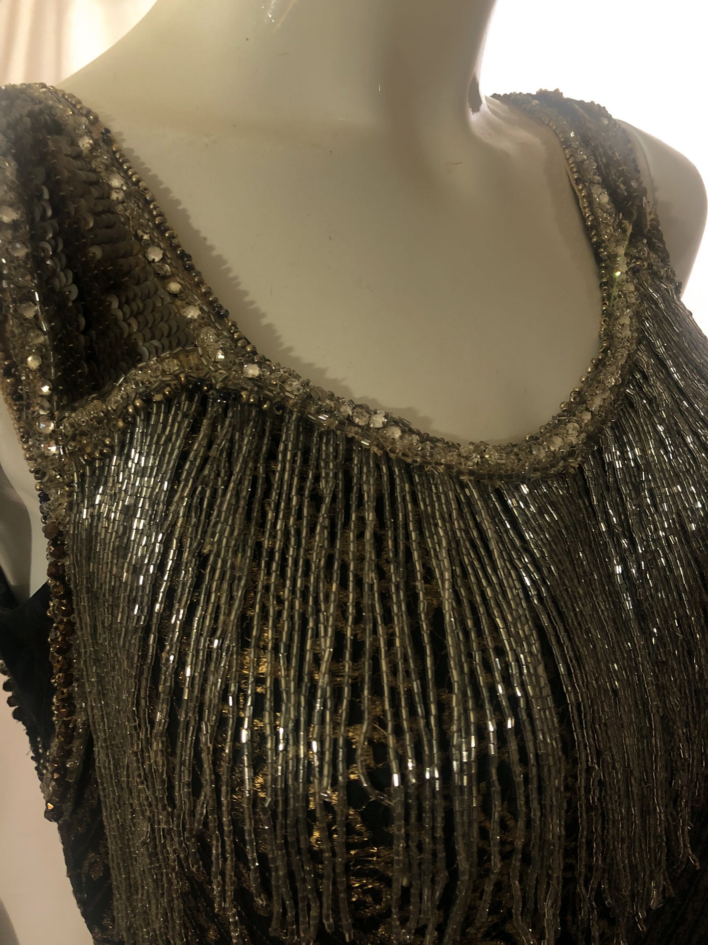 Antique 1920s gold metallic lace, sequins, beaded dress