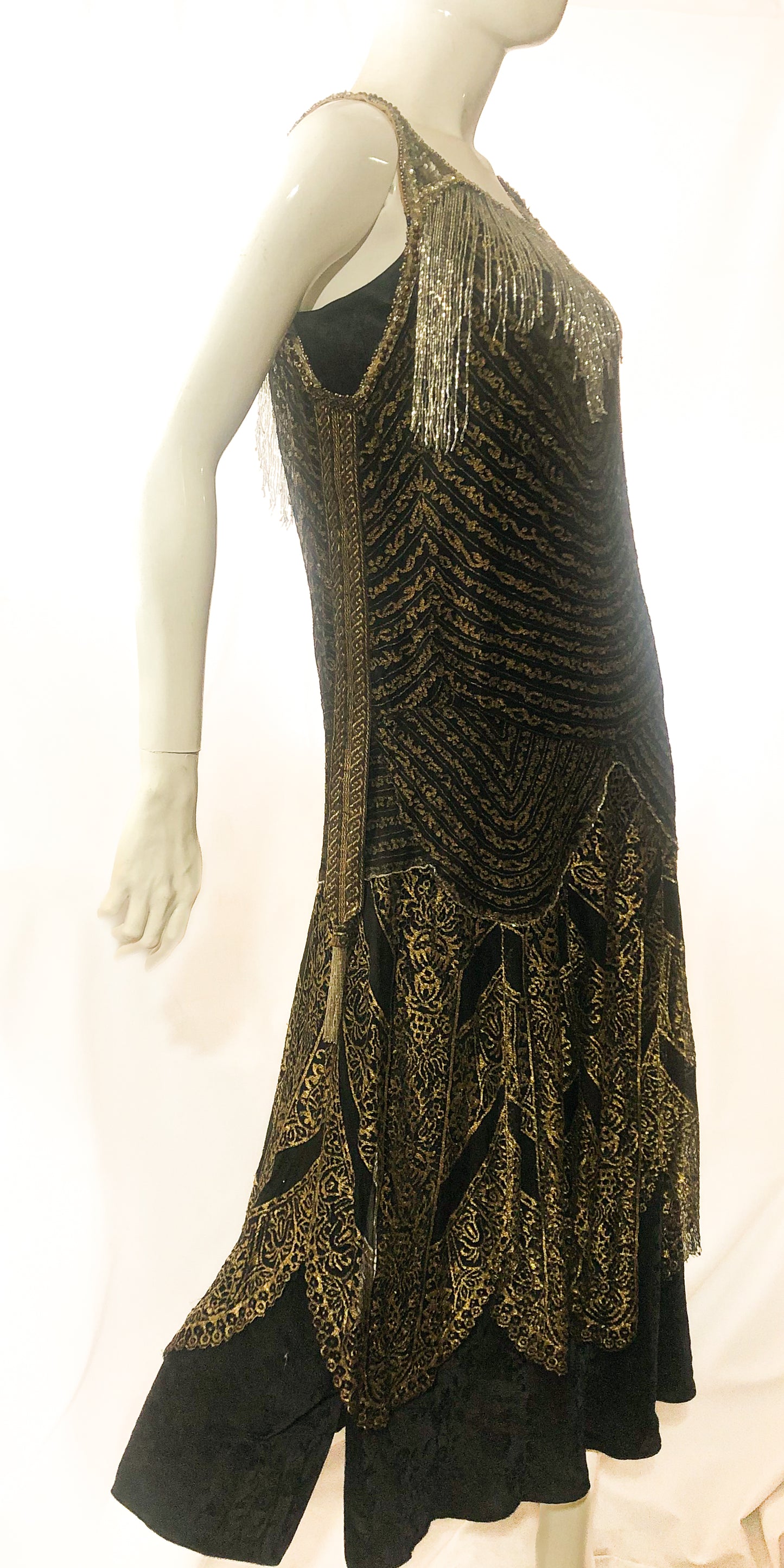 Antique 1920s gold metallic lace, sequins, beaded dress