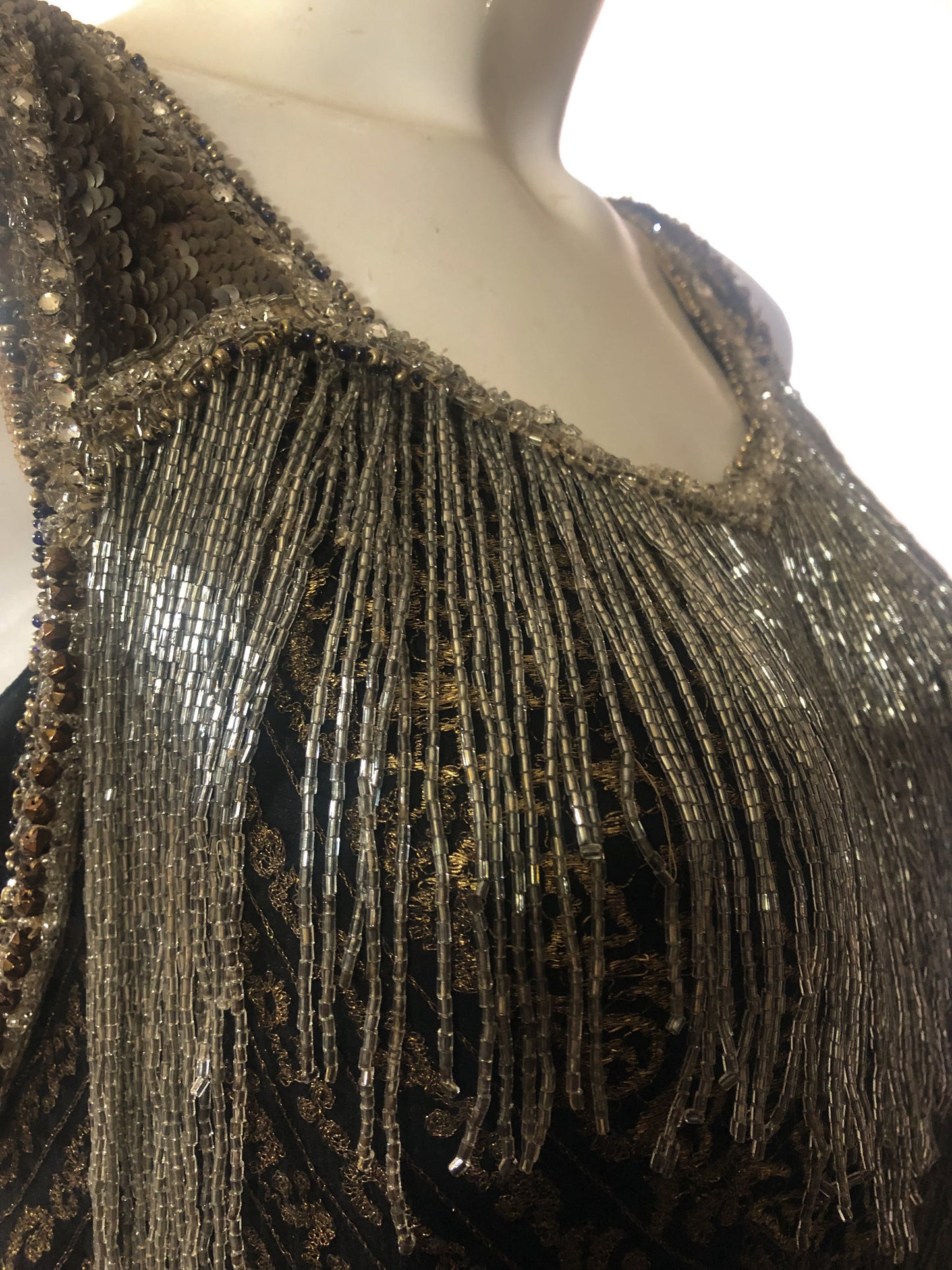 Antique 1920s gold metallic lace, sequins, beaded dress