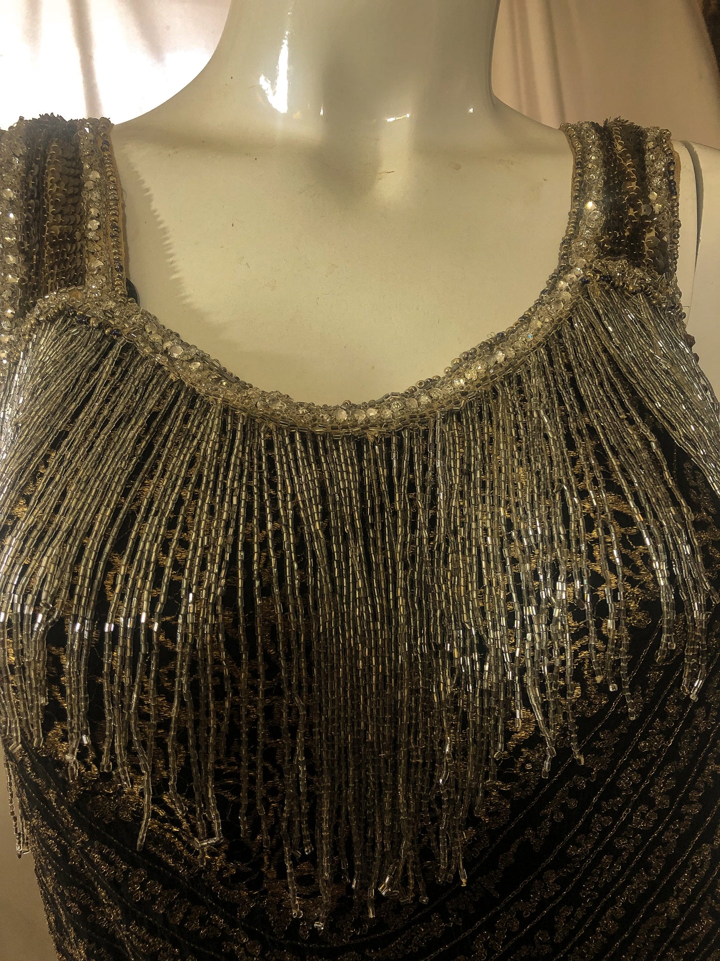 Antique 1920s gold metallic lace, sequins, beaded dress