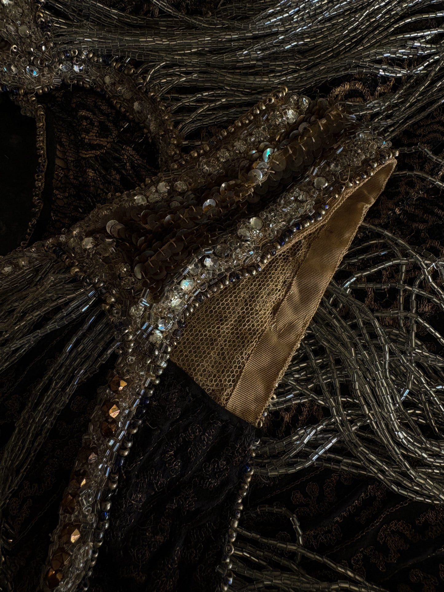 Antique 1920s gold metallic lace, sequins, beaded dress