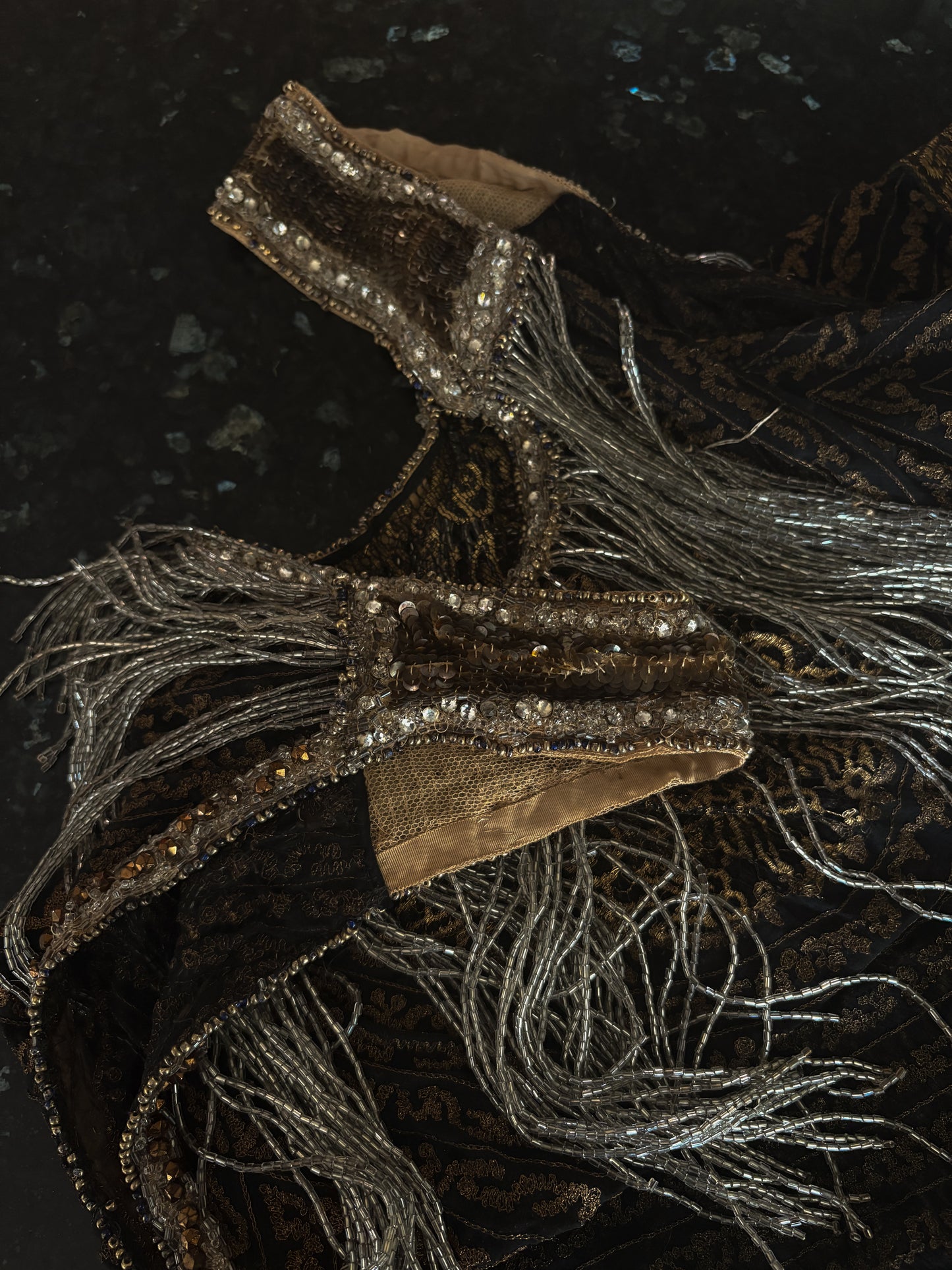 Antique 1920s gold metallic lace, sequins, beaded dress