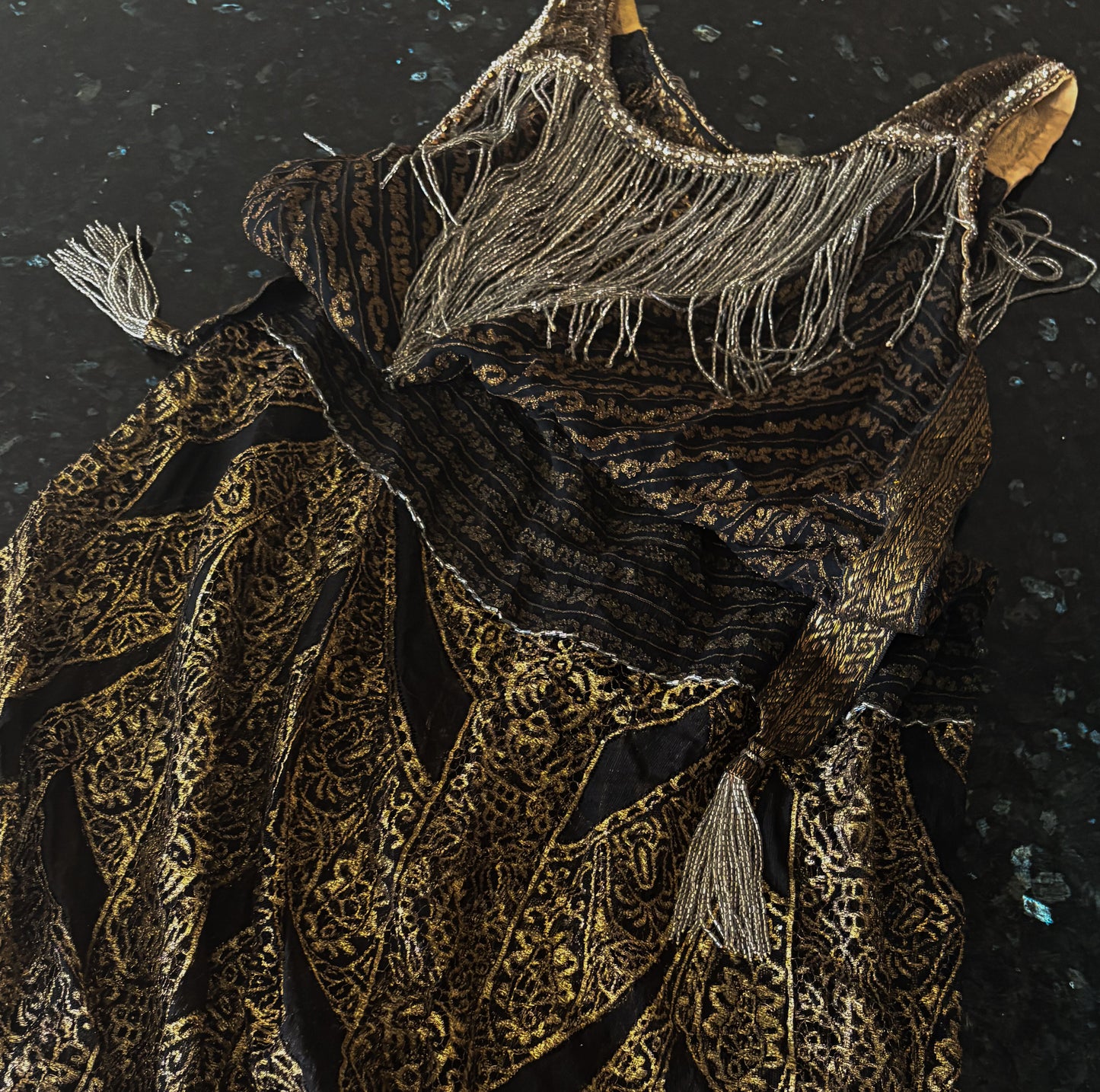 Antique 1920s gold metallic lace, sequins, beaded dress
