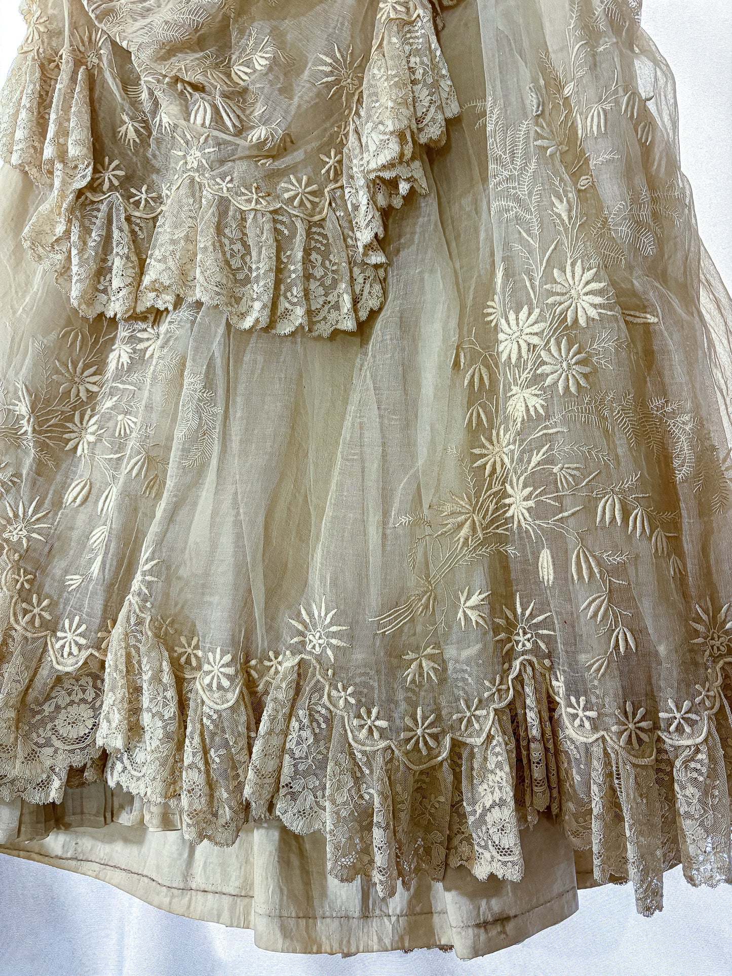 Authentic Victorian bustle wedding skirt, lace, embroidery, museum deaccession