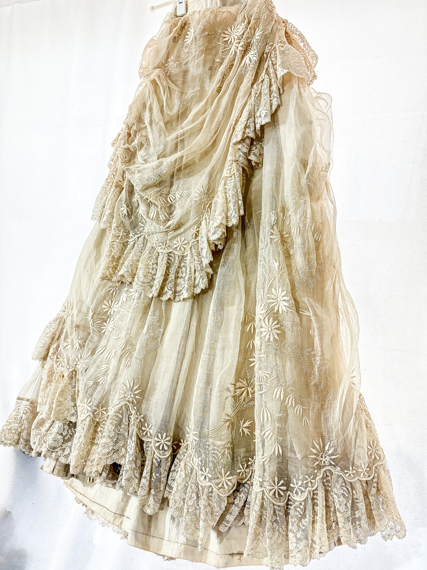 Authentic Victorian bustle wedding skirt, lace, embroidery, museum deaccession