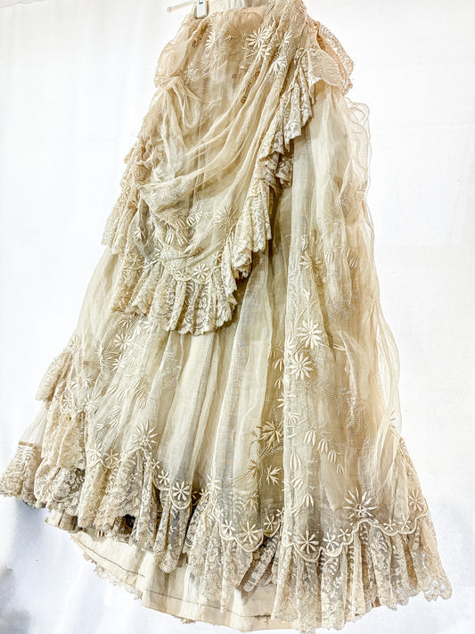 Authentic Victorian bustle wedding skirt, lace, embroidery, museum deaccession