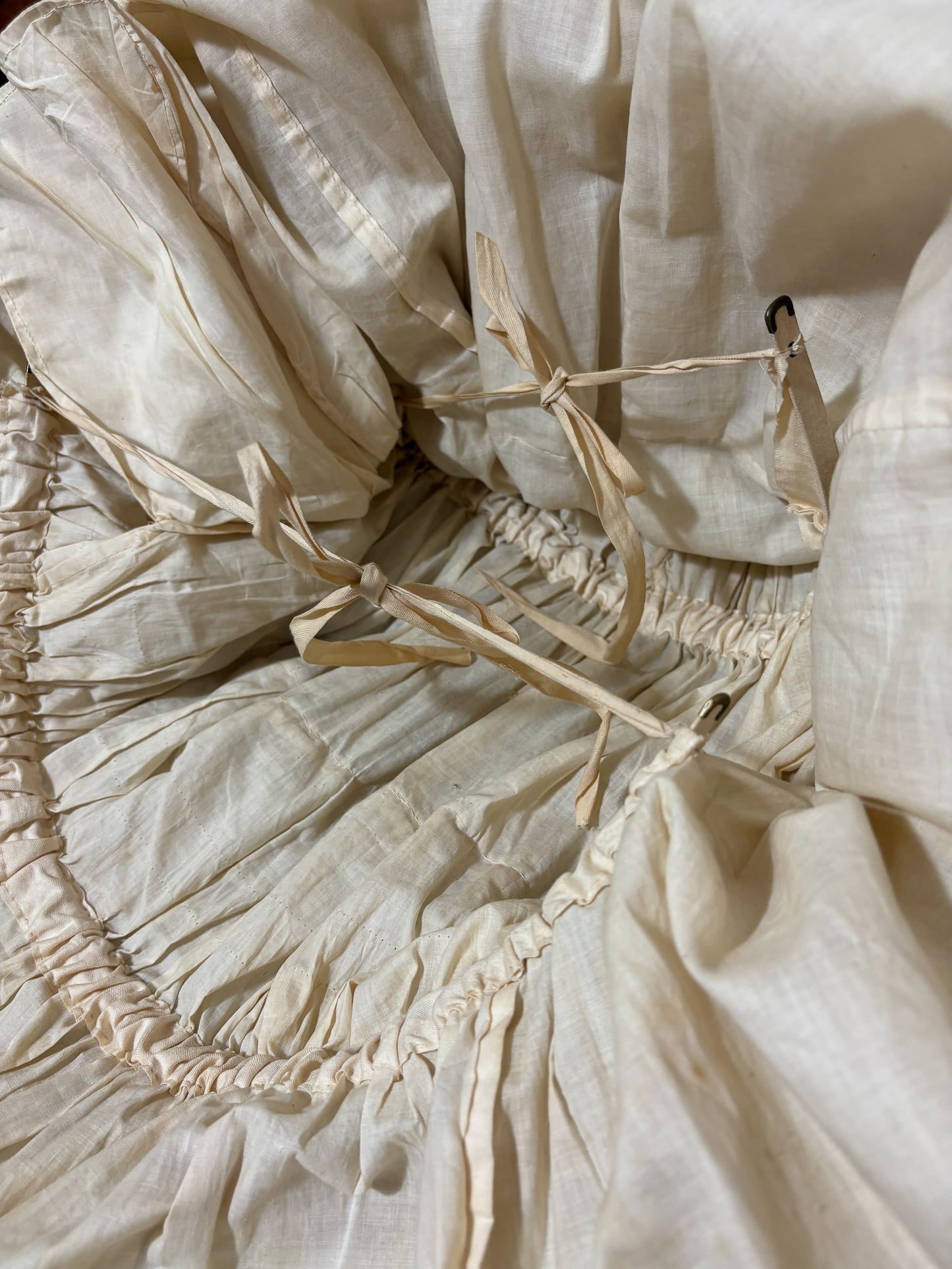 Authentic Victorian bustle wedding skirt, lace, embroidery, museum deaccession