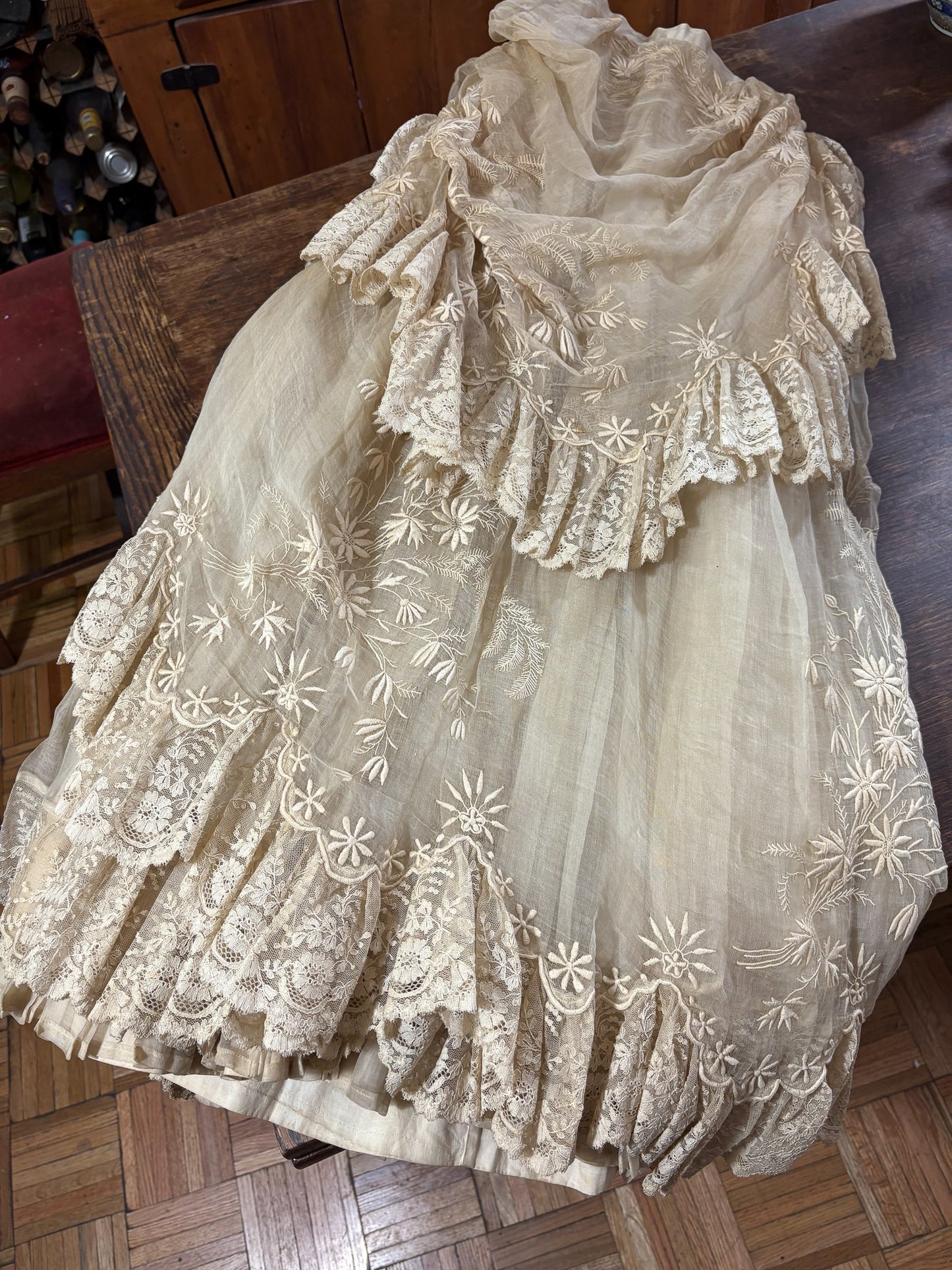 Authentic Victorian bustle wedding skirt, lace, embroidery, museum deaccession
