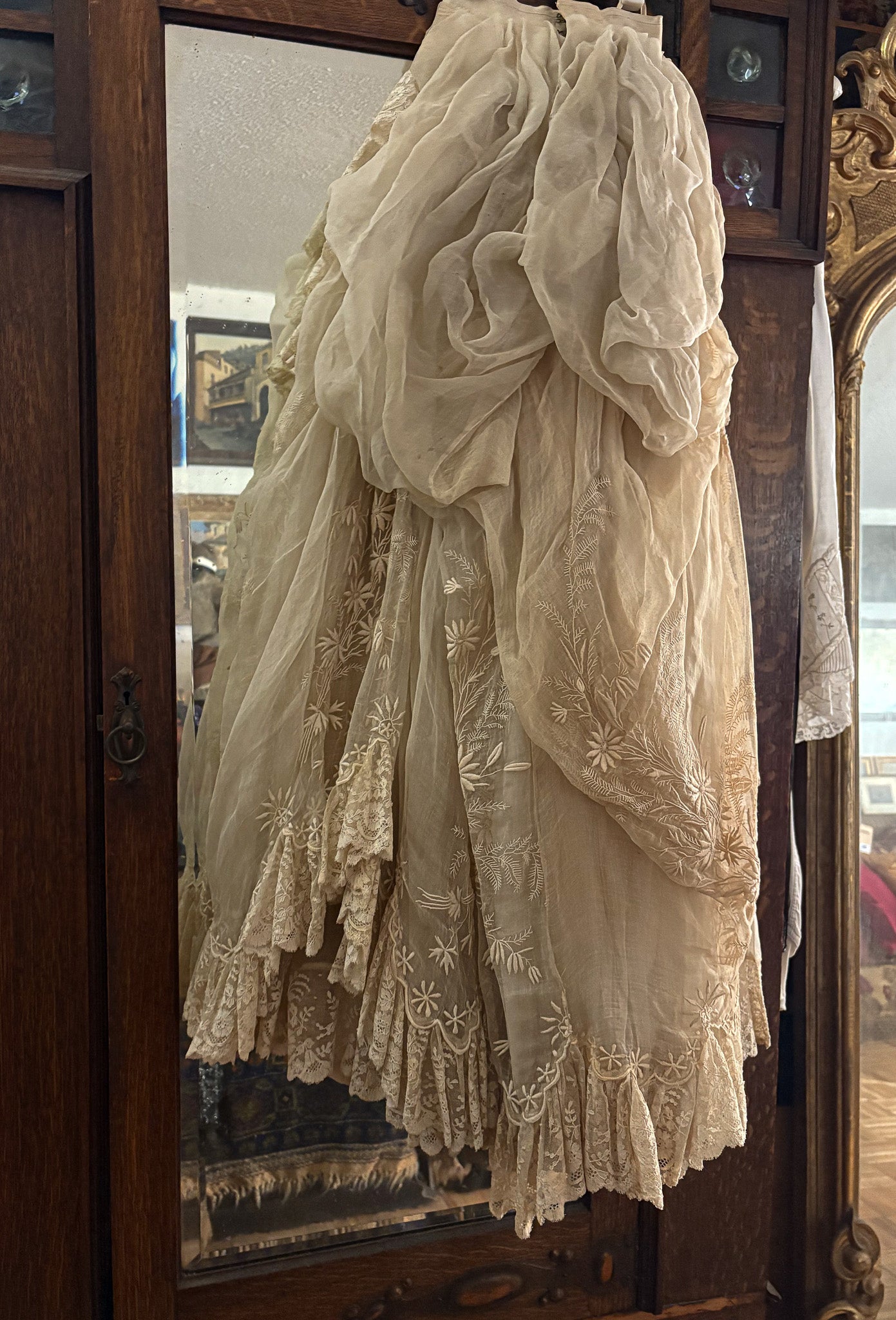 Authentic Victorian bustle wedding skirt, lace, embroidery, museum deaccession