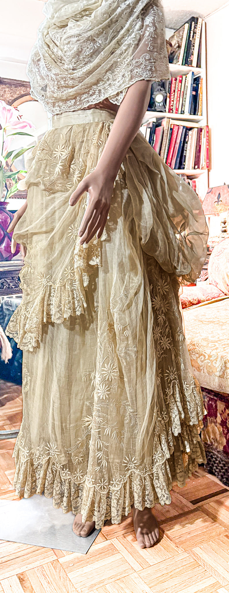 Authentic Victorian bustle wedding skirt, lace, embroidery, museum deaccession