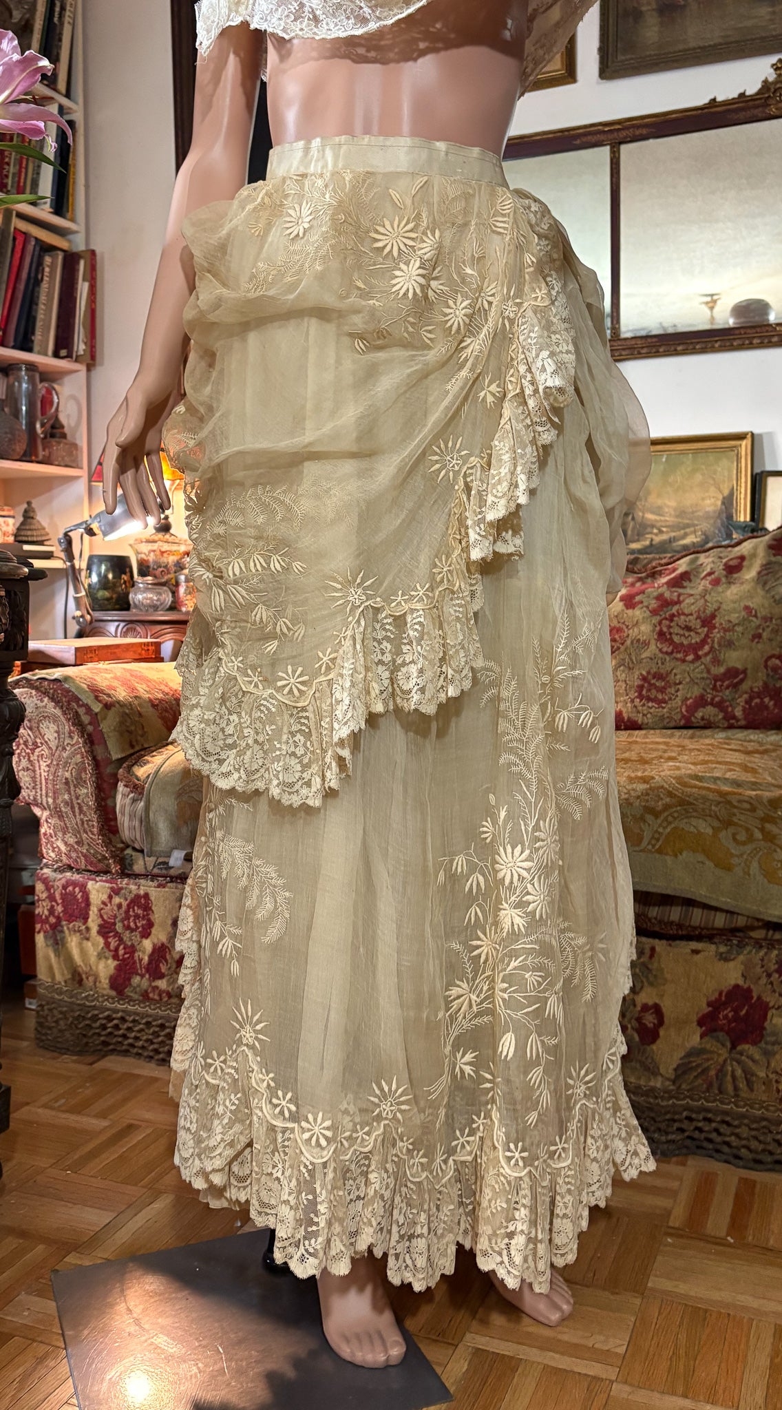 Authentic Victorian bustle wedding skirt, lace, embroidery, museum deaccession