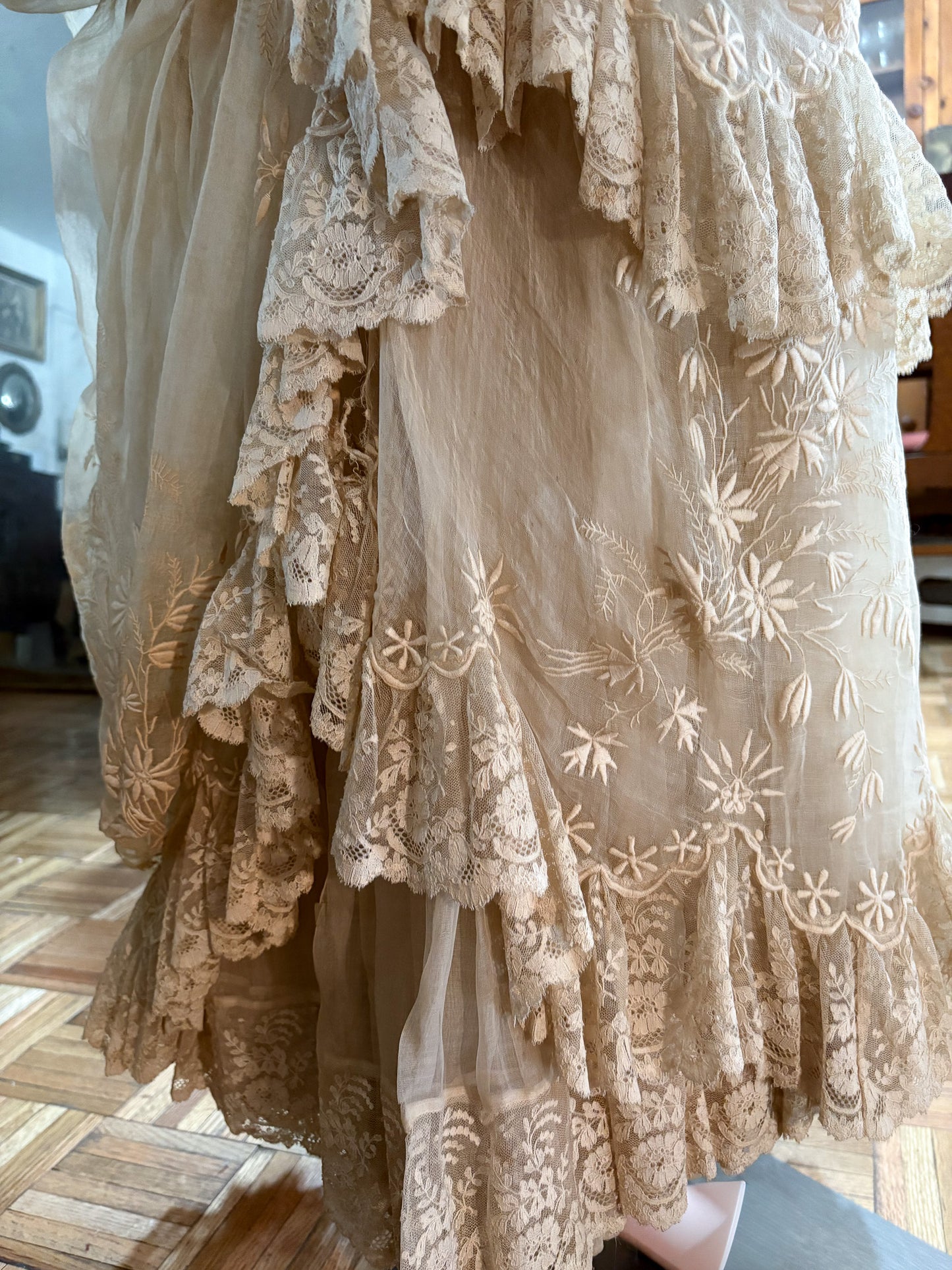 Authentic Victorian bustle wedding skirt, lace, embroidery, museum deaccession