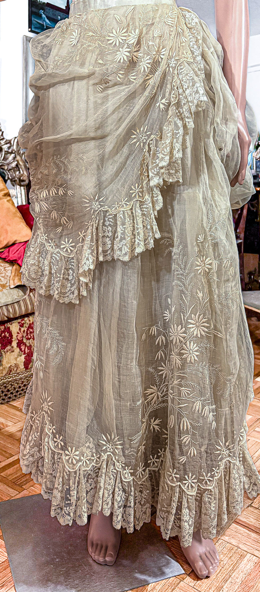 Authentic Victorian bustle wedding skirt, lace, embroidery, museum deaccession
