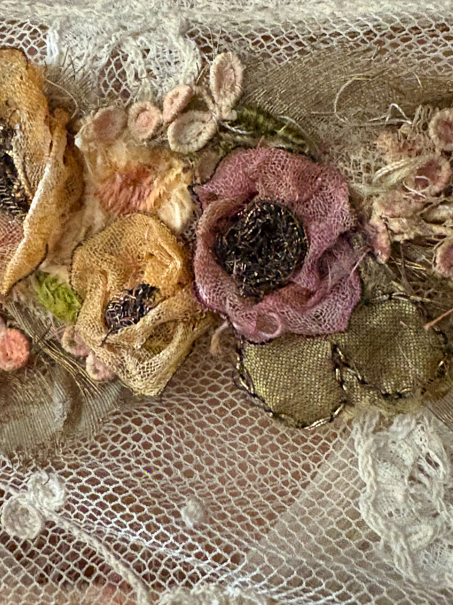 Antique Edwardian 1910s Lace and Silk Dress, Ribbon work, handsewn flowers