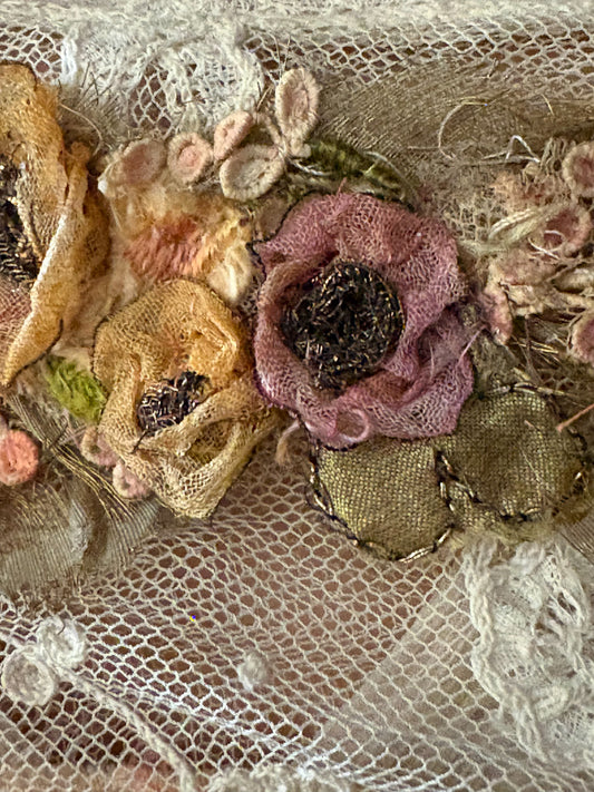 Antique Edwardian 1910s Lace and Silk Dress, Ribbon work, handsewn flowers
