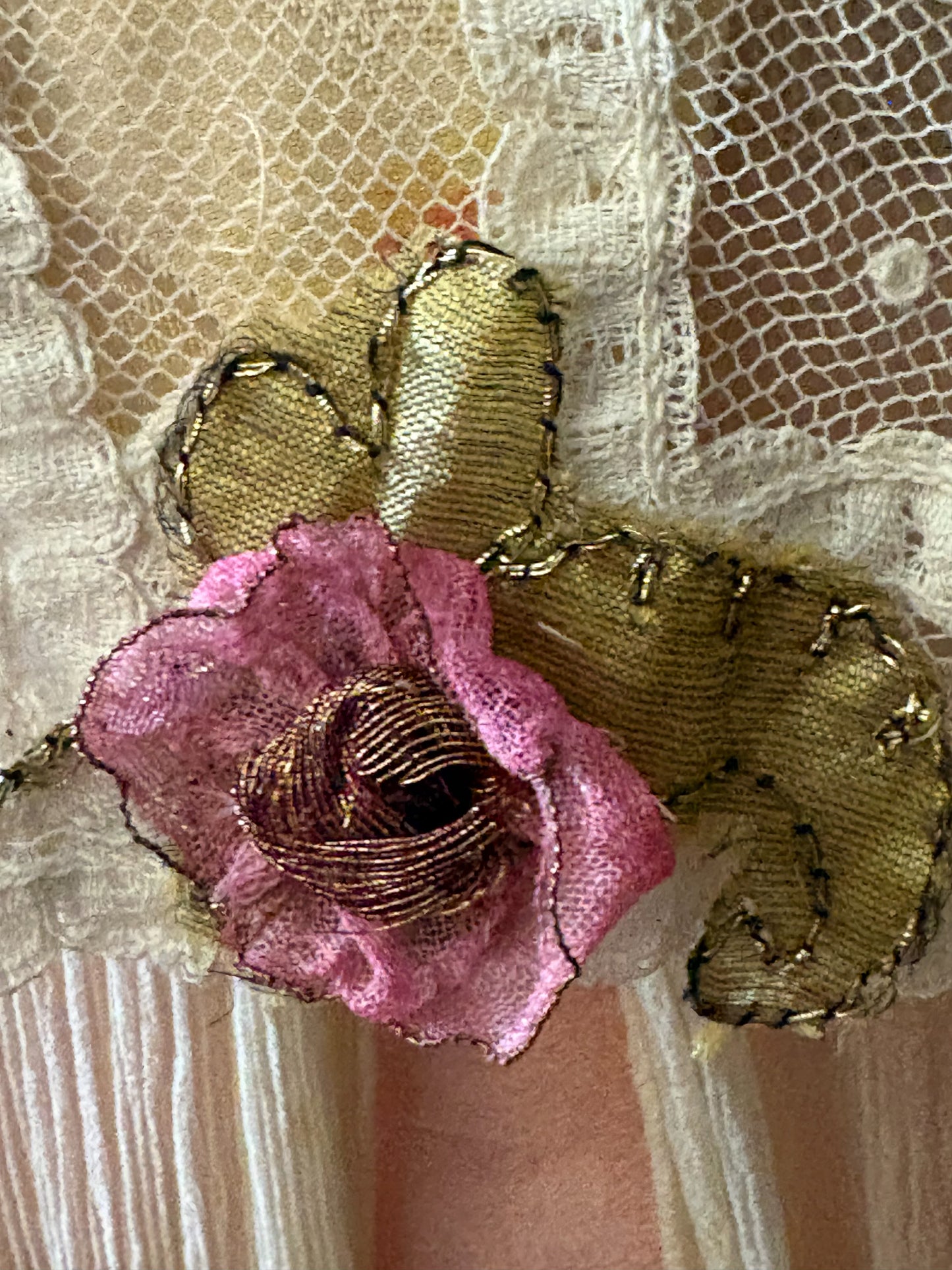 Antique Edwardian 1910s Lace and Silk Dress, Ribbon work, handsewn flowers