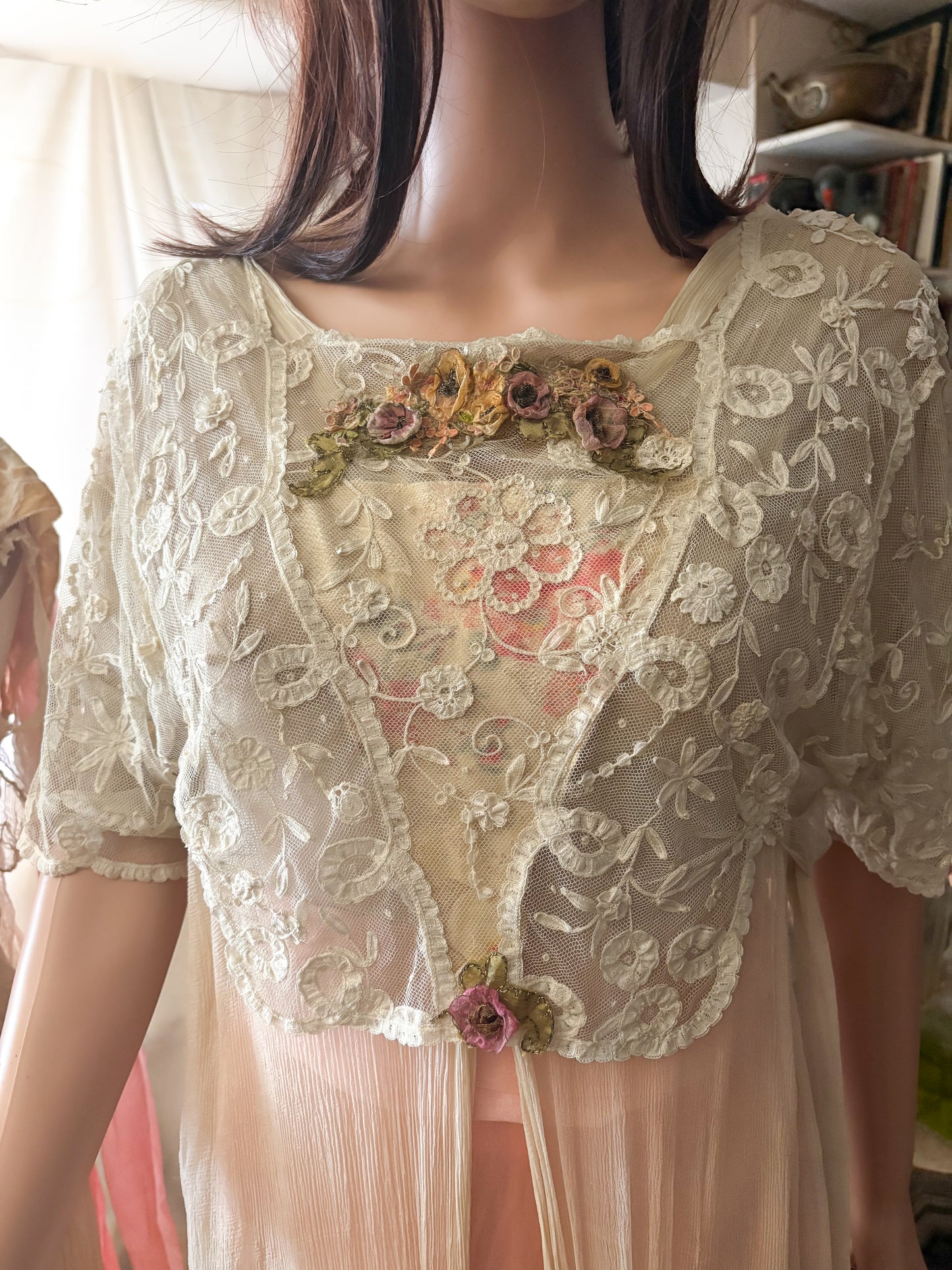 Antique Edwardian 1910s Lace and Silk Dress, Ribbon work, handsewn flowers