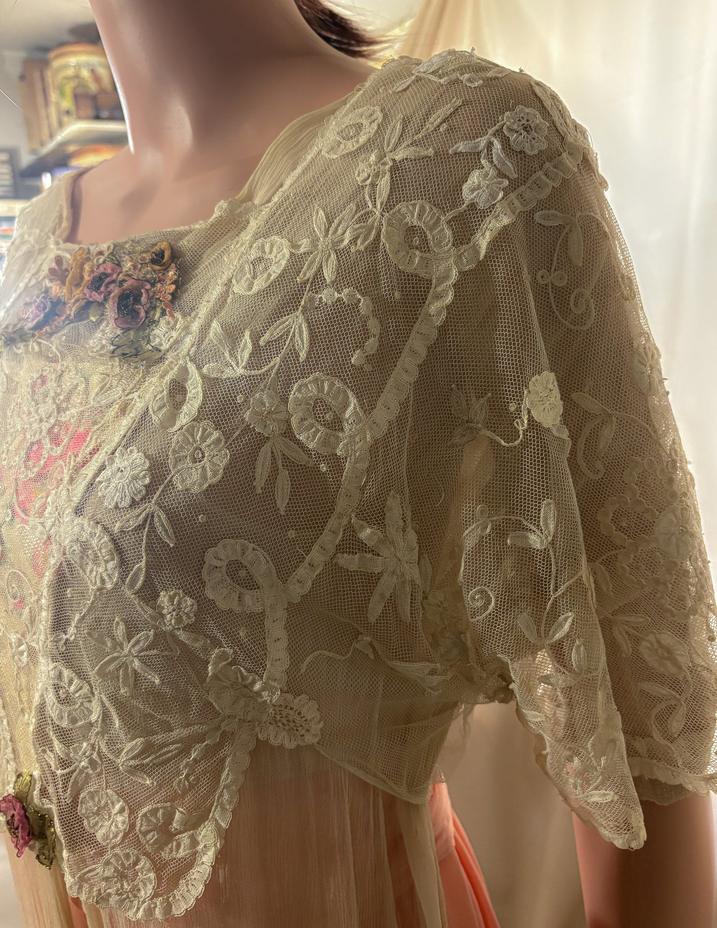 Antique Edwardian 1910s Lace and Silk Dress, Ribbon work, handsewn flowers