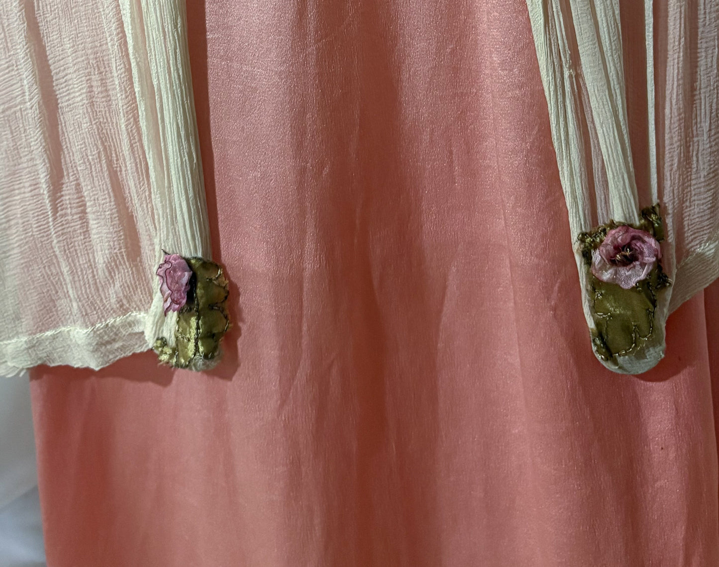 Antique Edwardian 1910s Lace and Silk Dress, Ribbon work, handsewn flowers