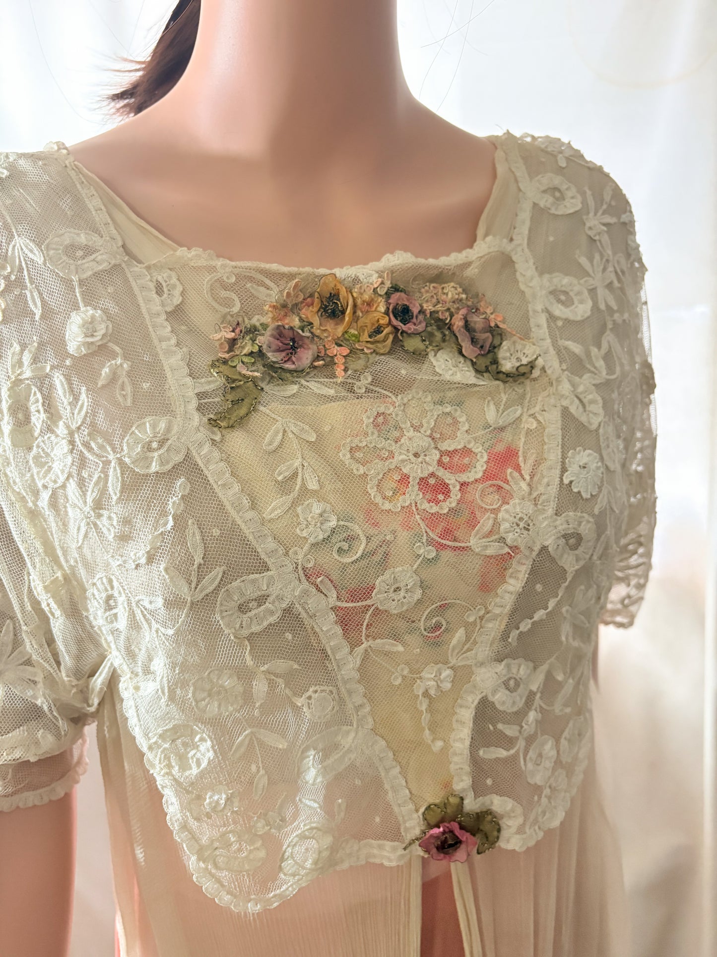 Antique Edwardian 1910s Lace and Silk Dress, Ribbon work, handsewn flowers