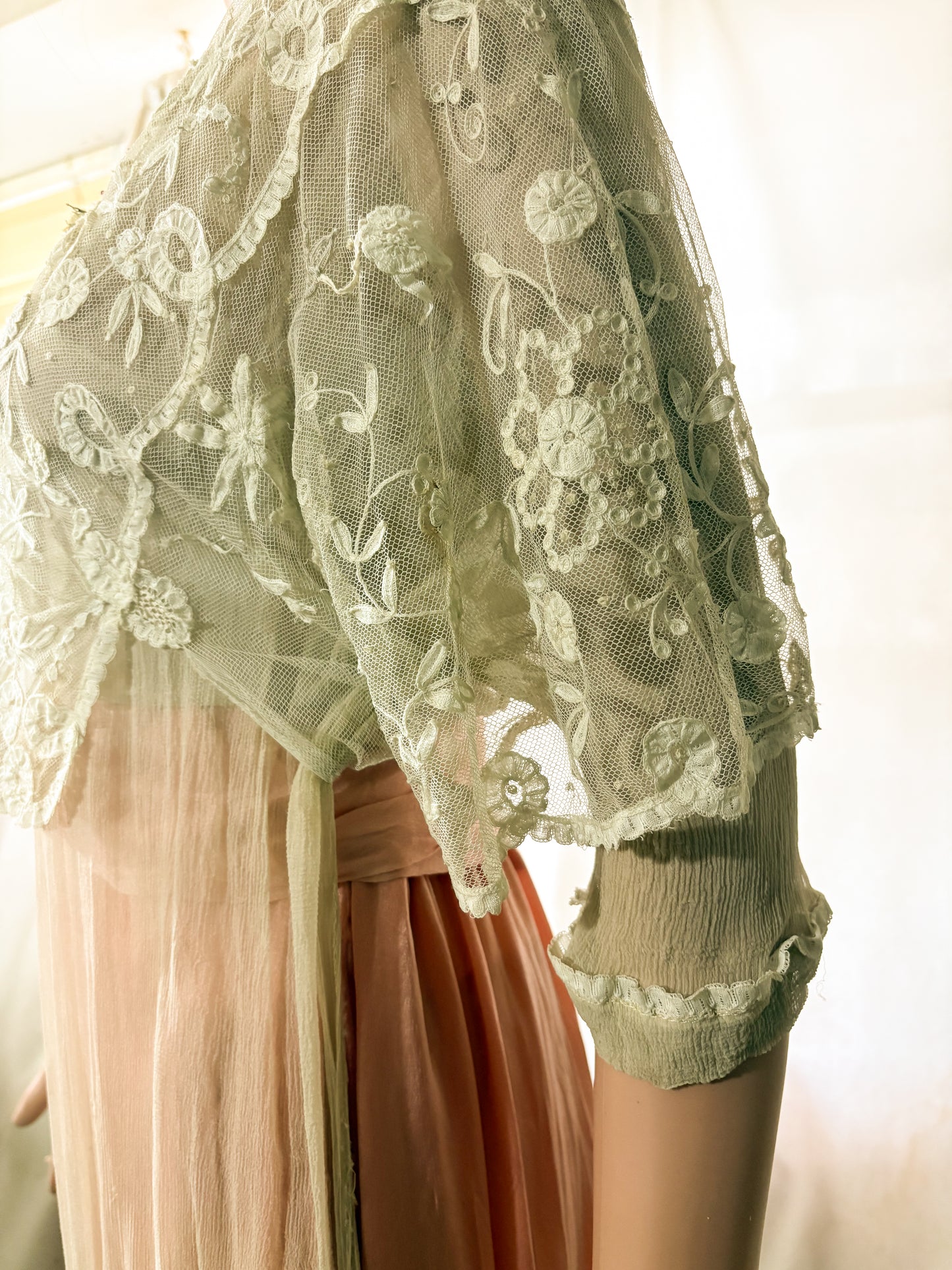 Antique Edwardian 1910s Lace and Silk Dress, Ribbon work, handsewn flowers