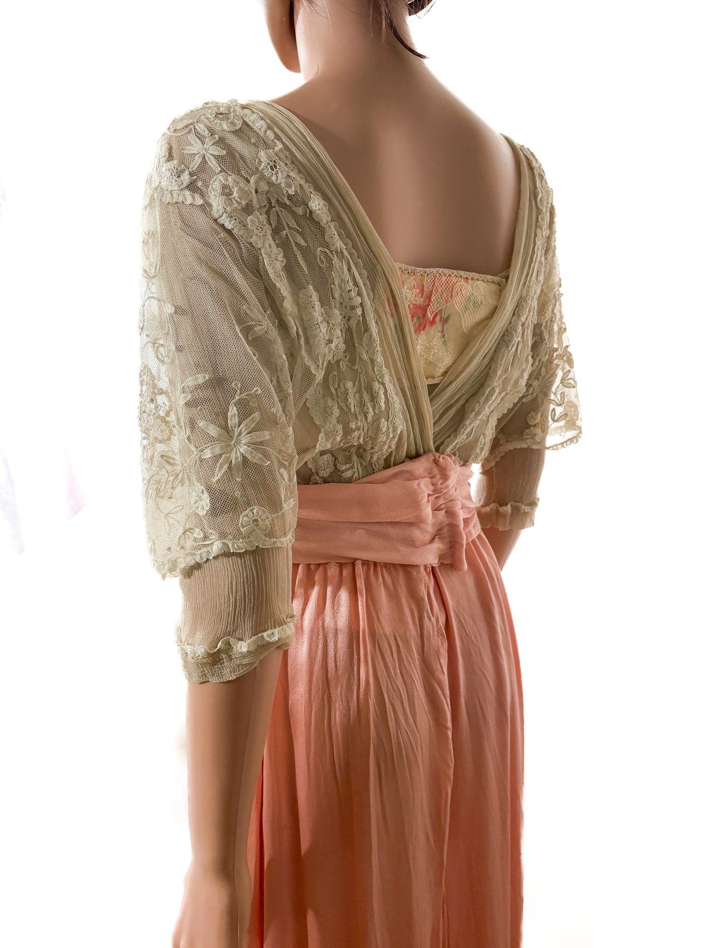 Antique Edwardian 1910s Lace and Silk Dress, Ribbon work, handsewn flowers