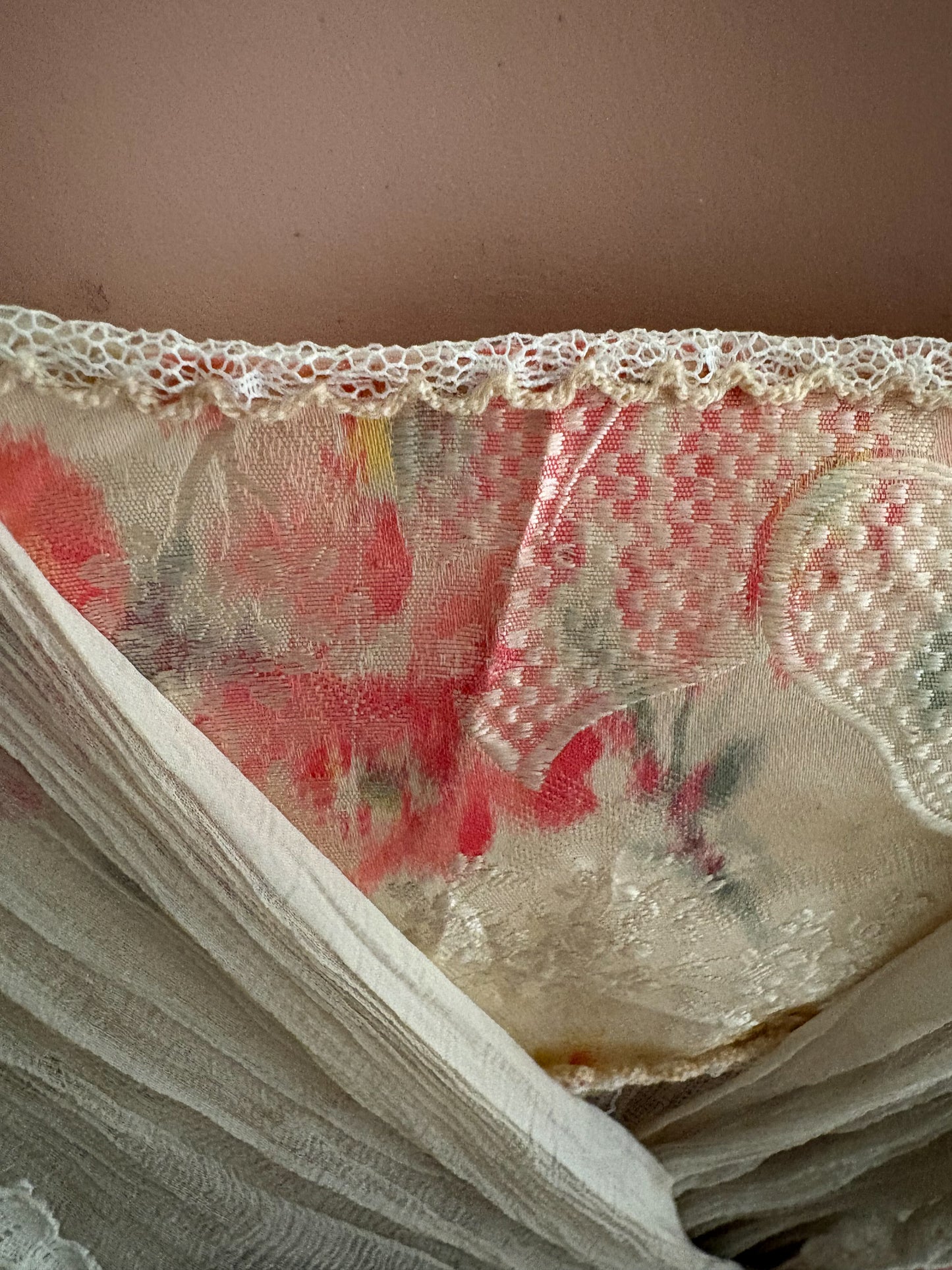 Antique Edwardian 1910s Lace and Silk Dress, Ribbon work, handsewn flowers