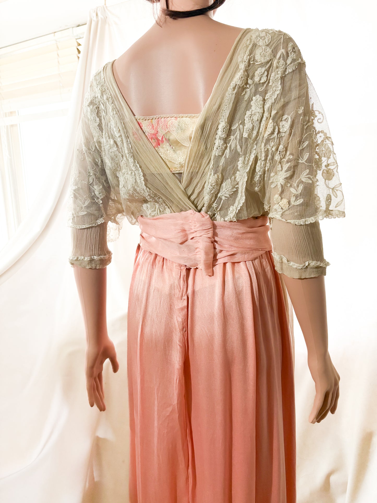 Antique Edwardian 1910s Lace and Silk Dress, Ribbon work, handsewn flowers