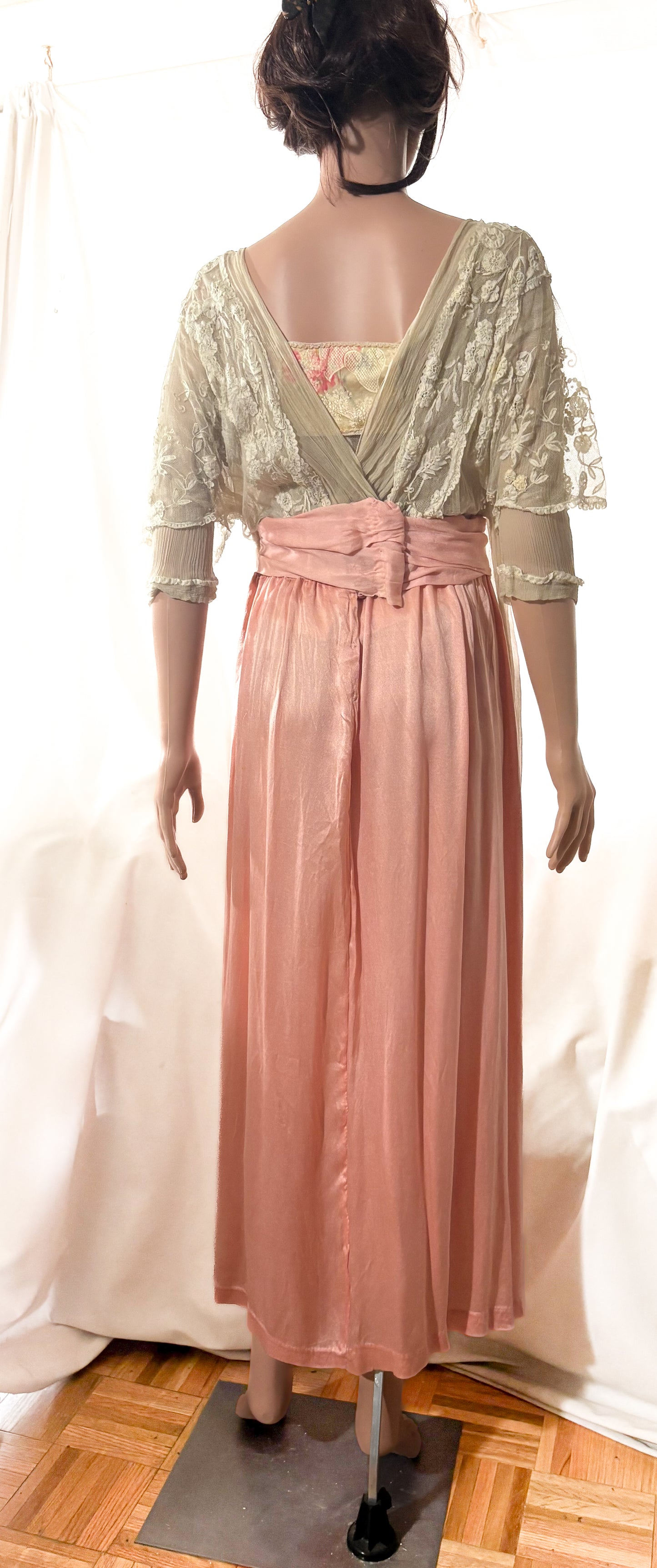 Antique Edwardian 1910s Lace and Silk Dress, Ribbon work, handsewn flowers