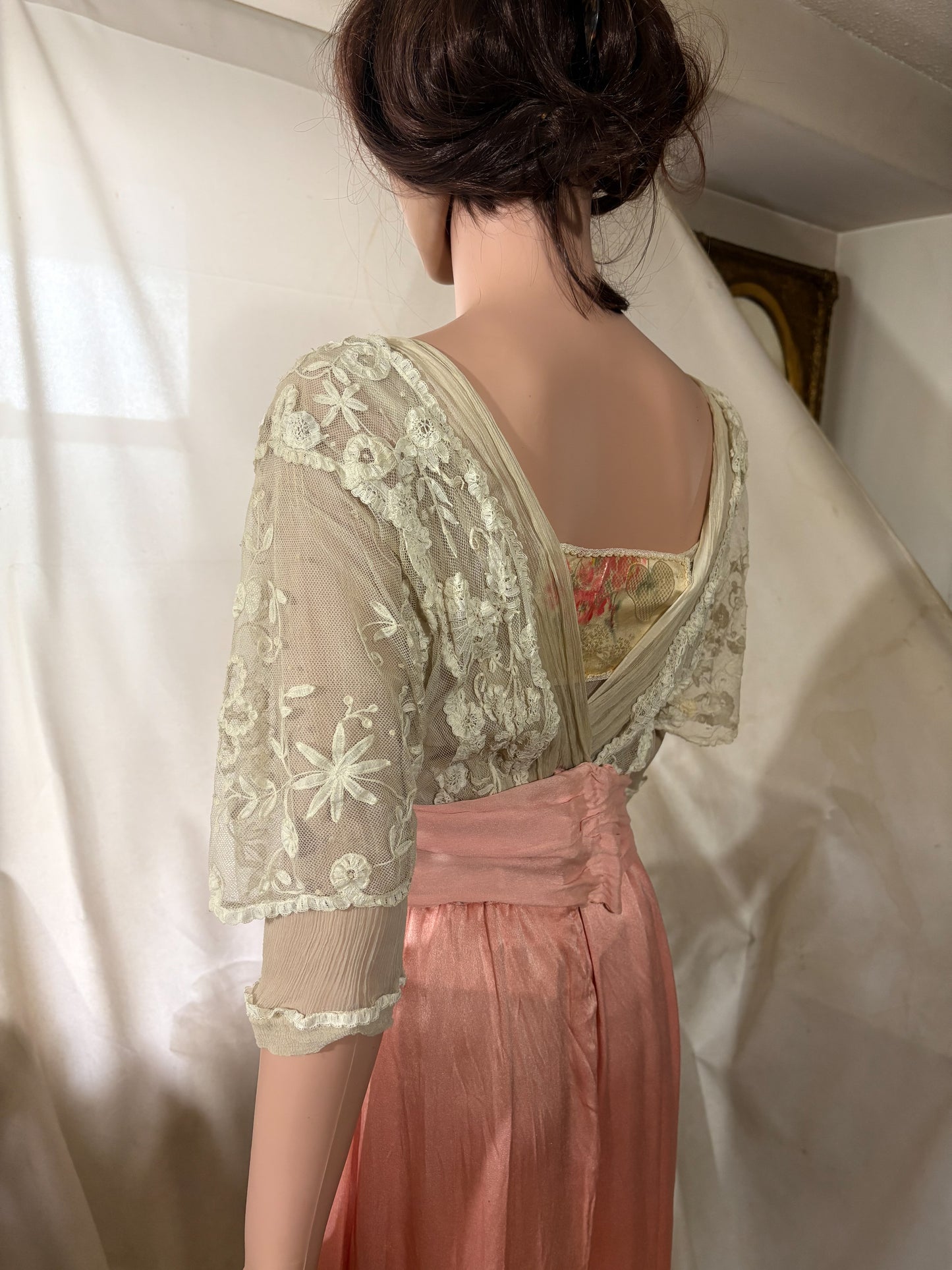 Antique Edwardian 1910s Lace and Silk Dress, Ribbon work, handsewn flowers