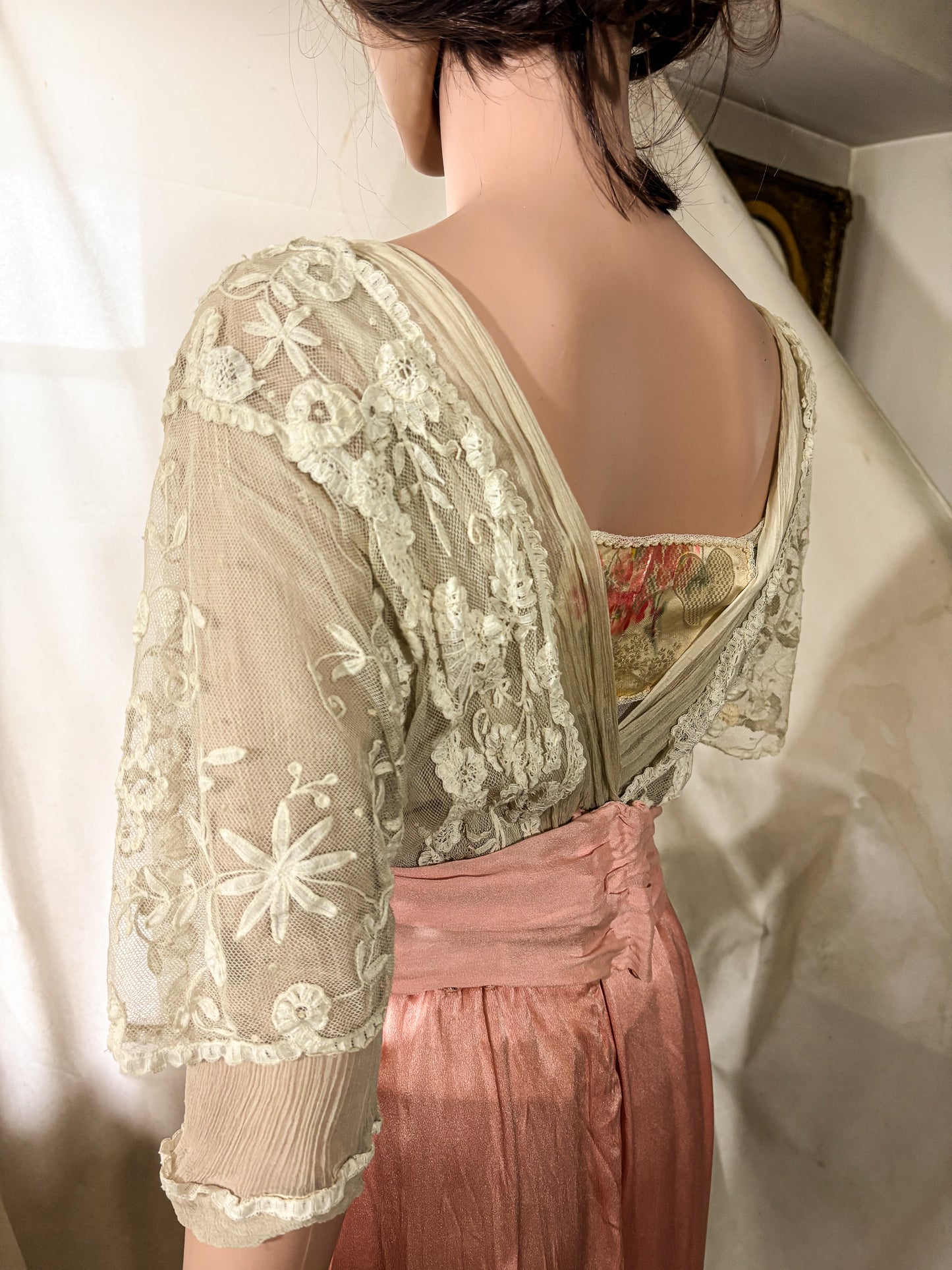 Antique Edwardian 1910s Lace and Silk Dress, Ribbon work, handsewn flowers