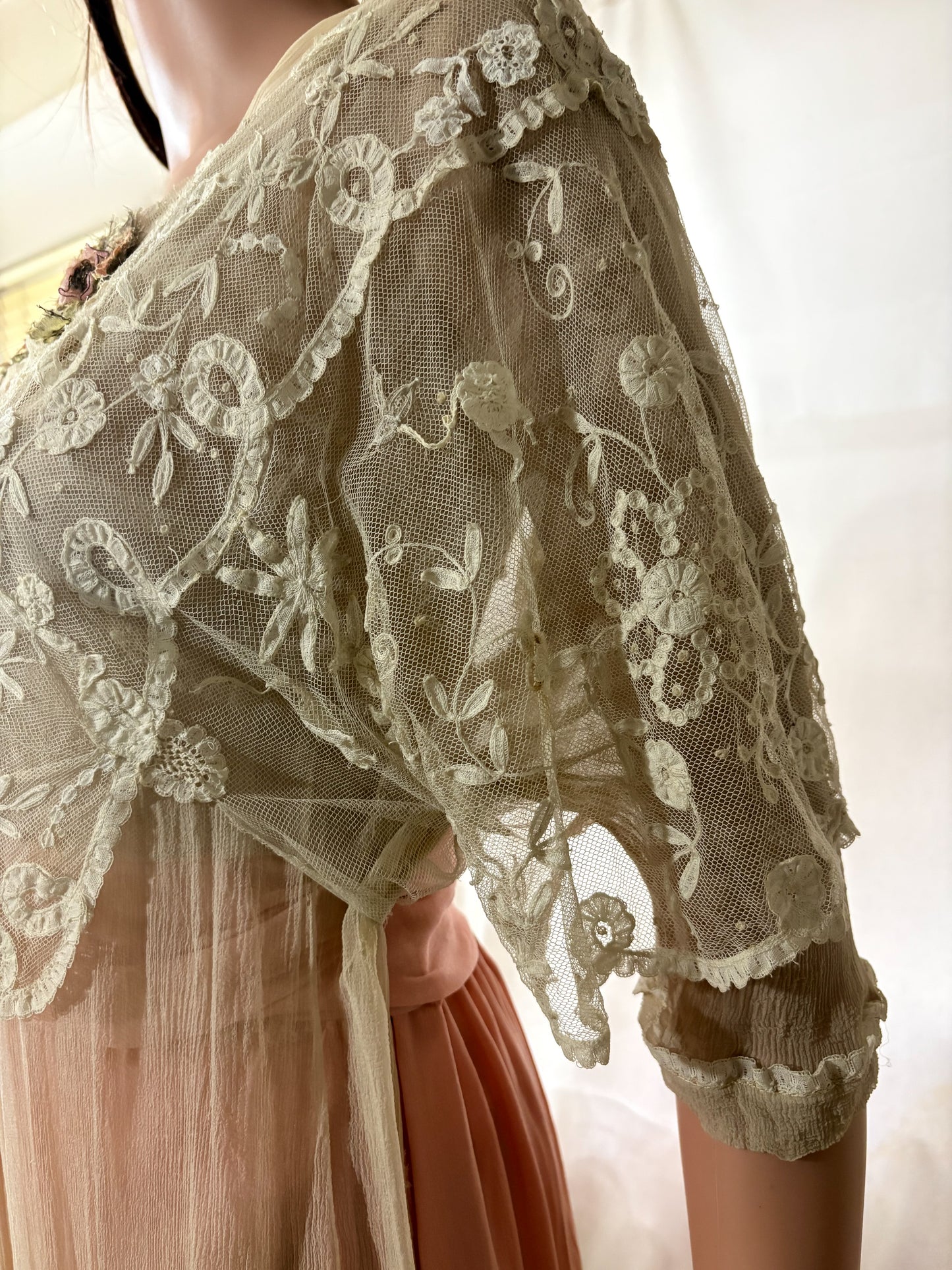 Antique Edwardian 1910s Lace and Silk Dress, Ribbon work, handsewn flowers