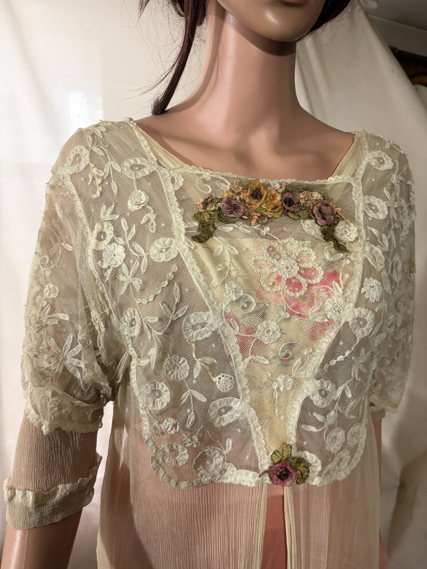 Antique Edwardian 1910s Lace and Silk Dress, Ribbon work, handsewn flowers