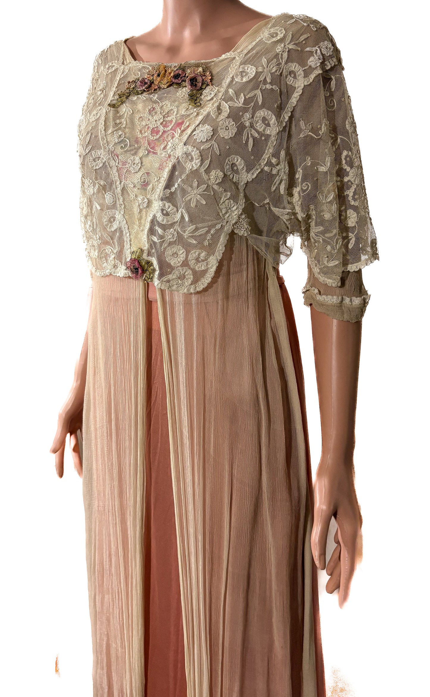 Antique Edwardian 1910s Lace and Silk Dress, Ribbon work, handsewn flowers