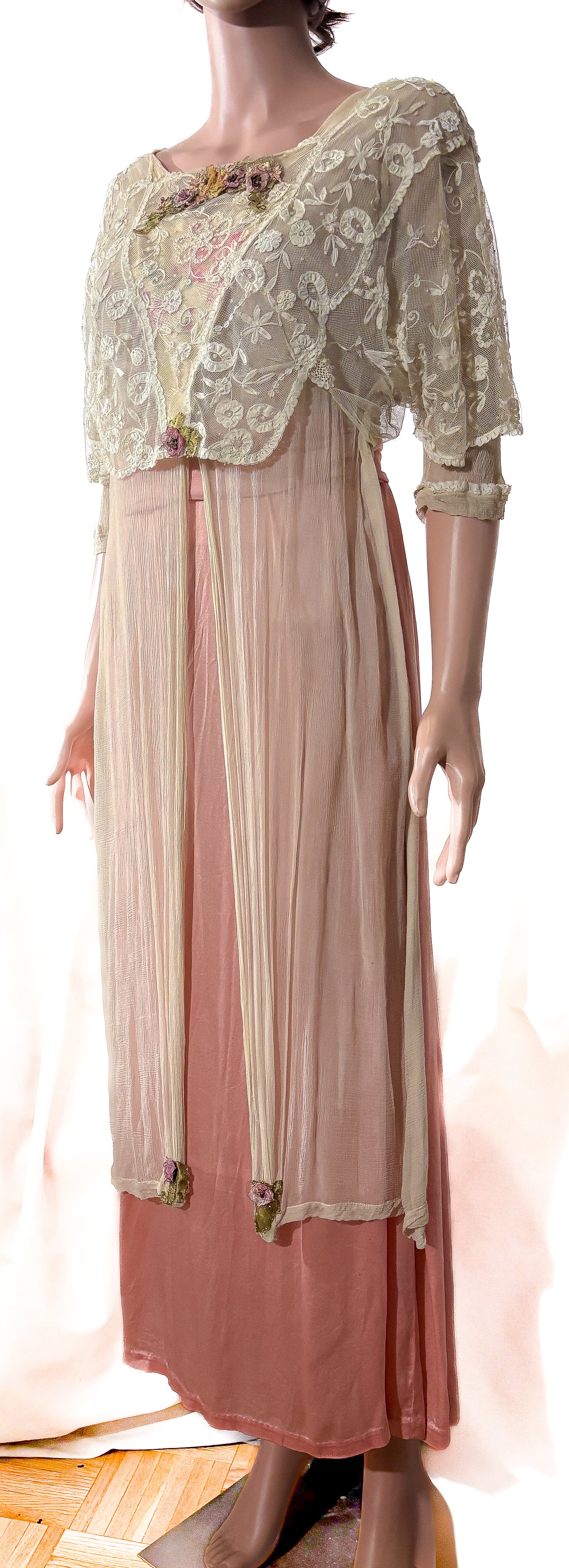 Antique Edwardian 1910s Lace and Silk Dress, Ribbon work, handsewn flowers